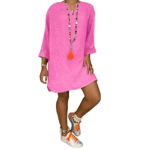 Frontwalk Ladies Mini Dresses Solid Color Short Dress Long Sleeve Party Sexy V Neck Rose Red XXL