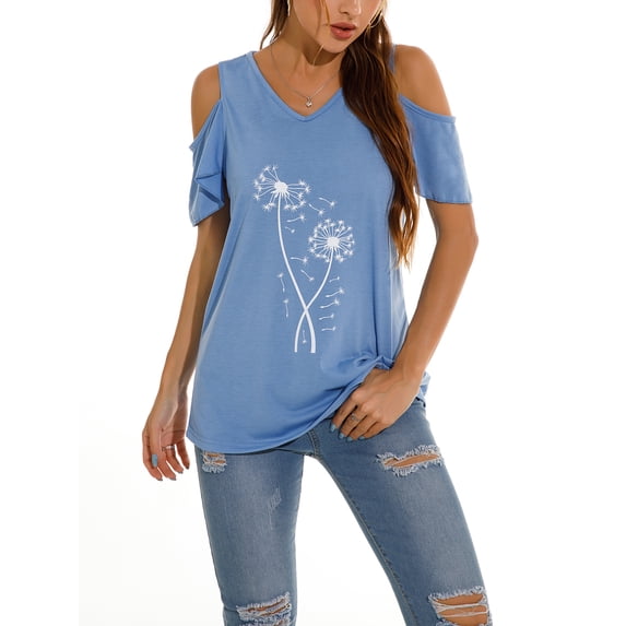 Frontwalk Ladies Off Shoulder Ruffled T Shirt V Neck Loose T-shirt Dandelion Print Dailywear Tee Light Blue S