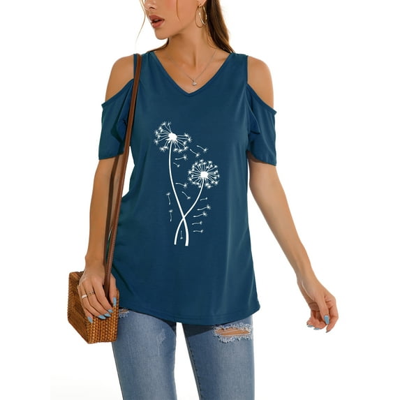 Frontwalk Ladies Off Shoulder Ruffled T Shirt V Neck Loose T-shirt Dandelion Print Dailywear Tee Navy Blue M