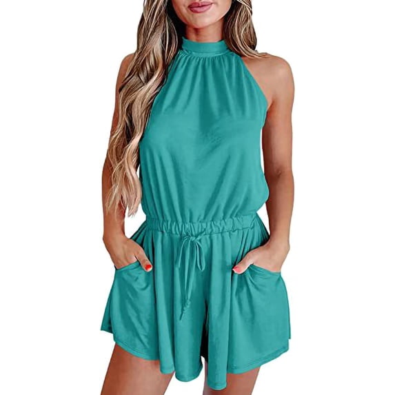 Frontwalk Ladies One Piece Shorts Jumpsuit Halter Neck Romper Stretchy Summer Outfits Clothes Women Casual Harem Pant With Pockets Peacock Blue S