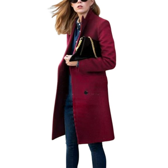 Frontwalk Ladies Outwear Turn Down Collar Jacket Double-breasted Coat Women Longline Trench Coats Plain Overcoat Liquor L