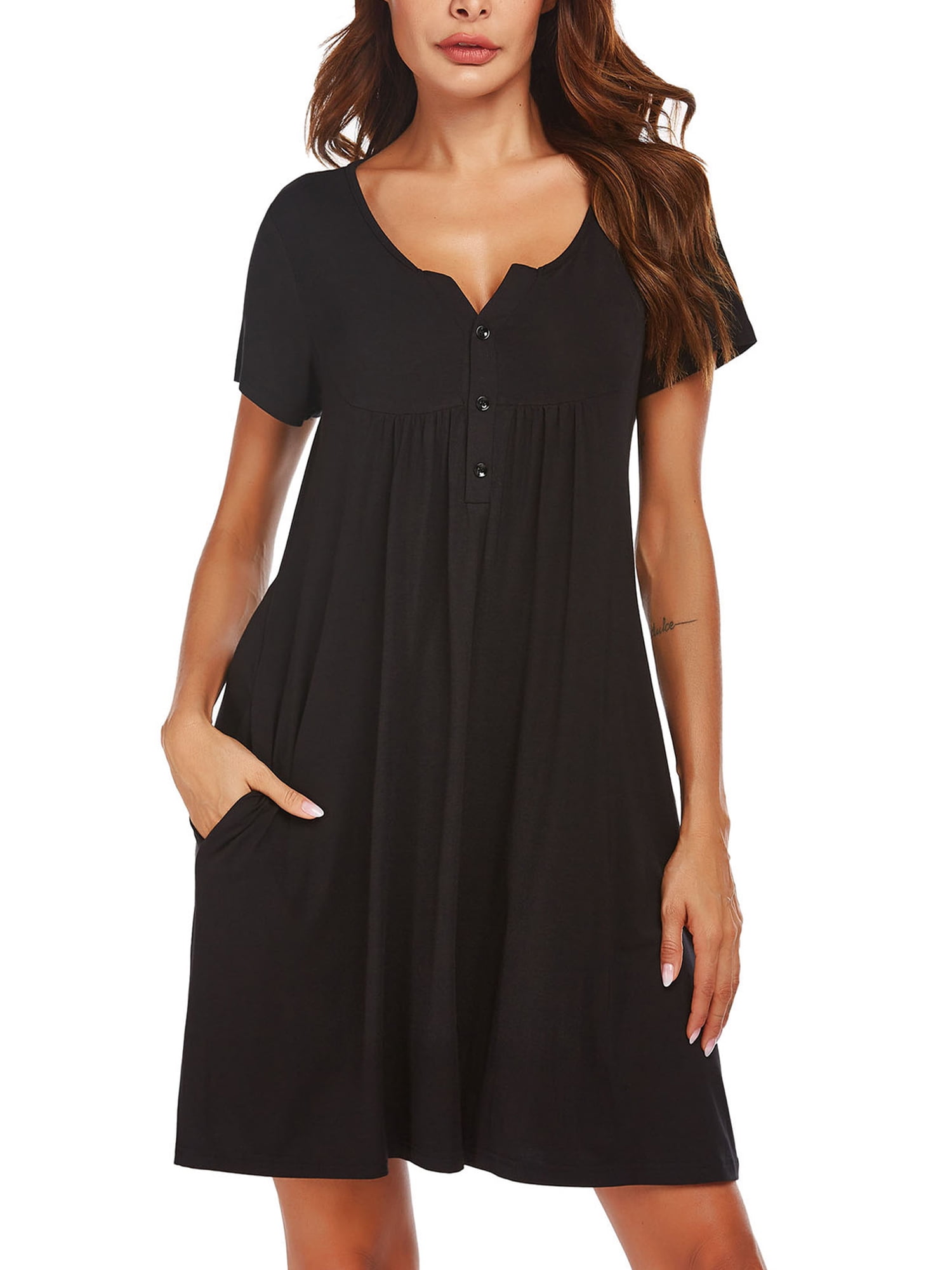 Frontwalk Ladies Pajama Short Sleeve Sleep Dress Buttons Nightgown