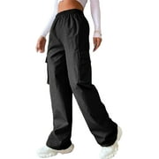 Frontwalk Ladies Pants Casual Trousers Straight Wide Leg Cargo Women Loose Parachute Pant High-waist Black L