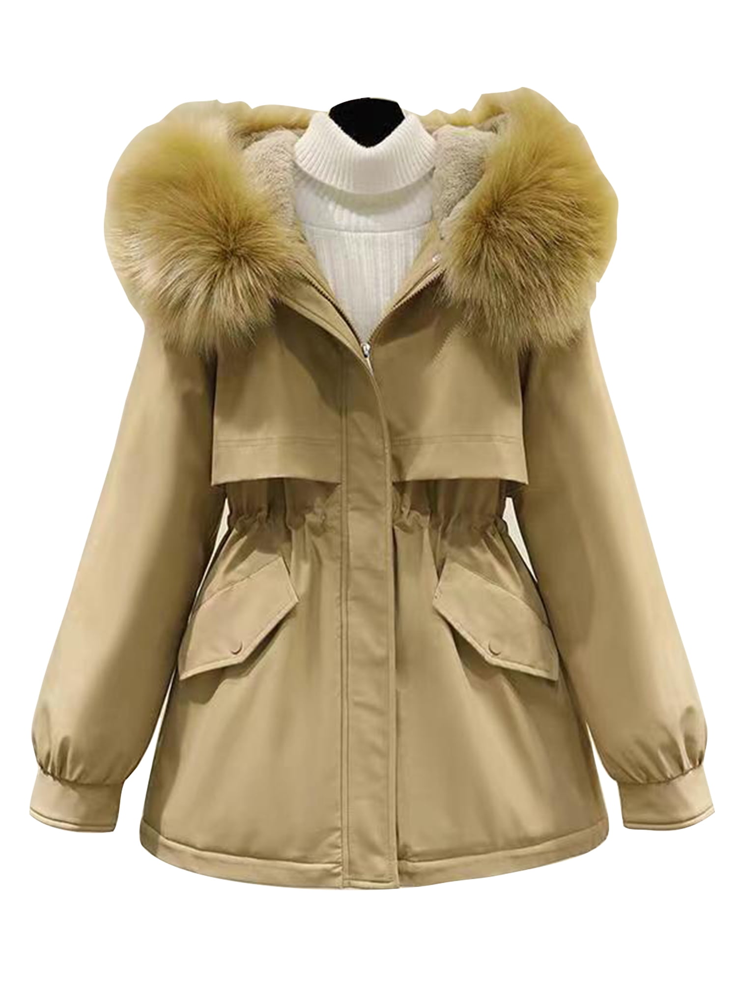 Frontwalk Ladies Parka Coat Solid Color Coats With Faux Fur Hood Hooded Jackets Travel Casual