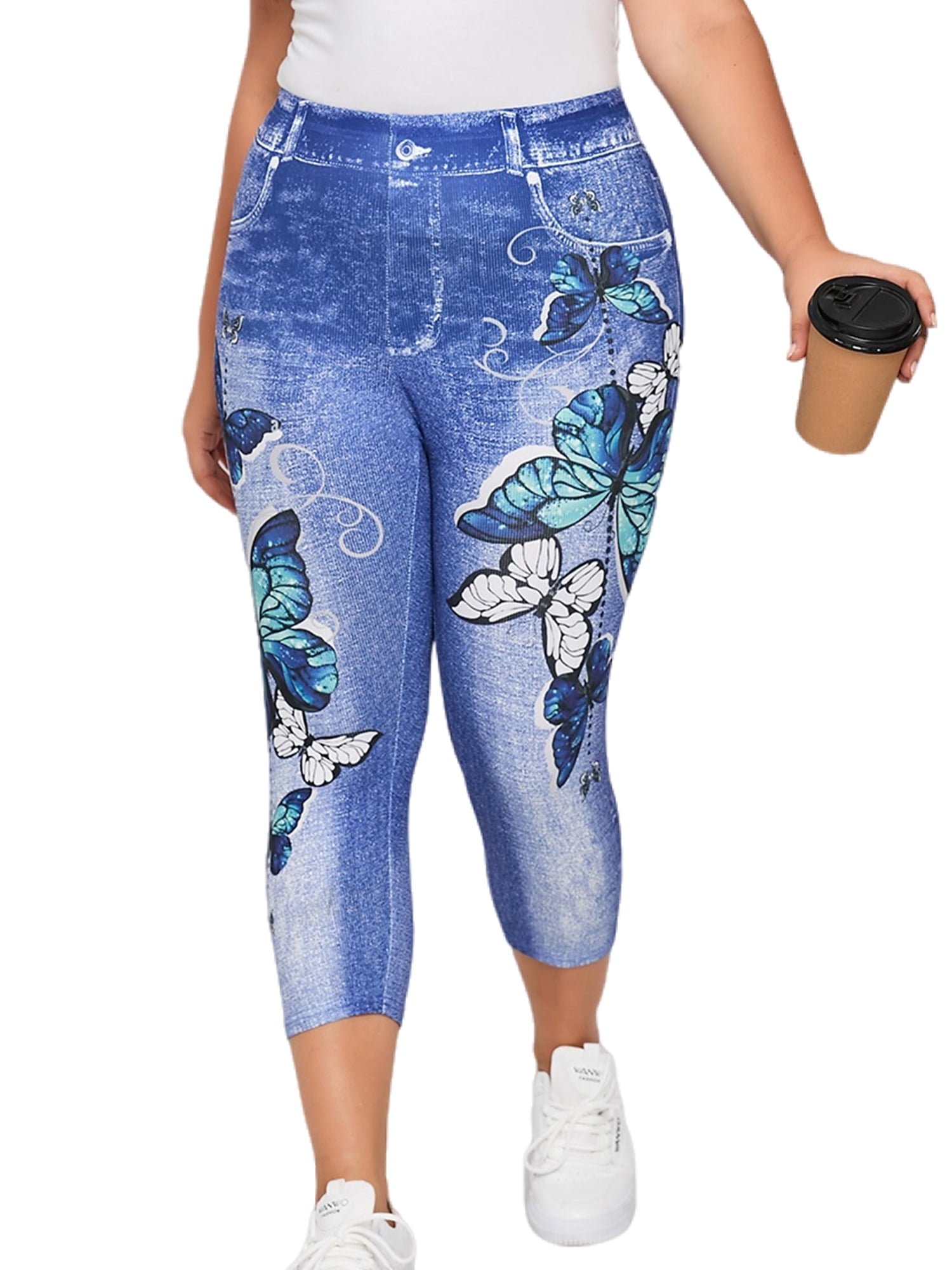 Frontwalk Women Plus Size Leggings Look Print Fake Jeans High