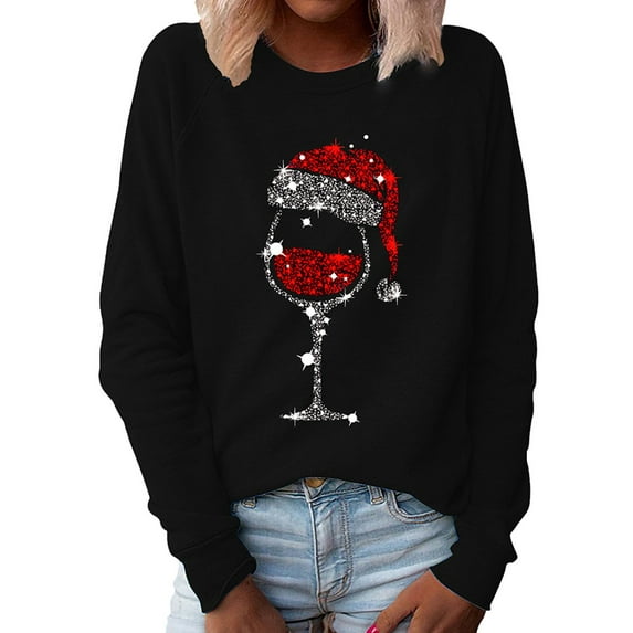 Frontwalk Ladies Pullover Crew Neck Tops Wine Glass Print Christmas Sweatshirt Women Xmas Long Sleeve Black XL