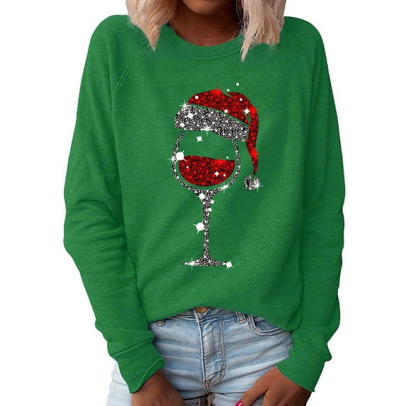 Frontwalk Ladies Pullover Crew Neck Tops Wine Glass Print Christmas Sweatshirt Women Xmas Long Sleeve Green 3XL