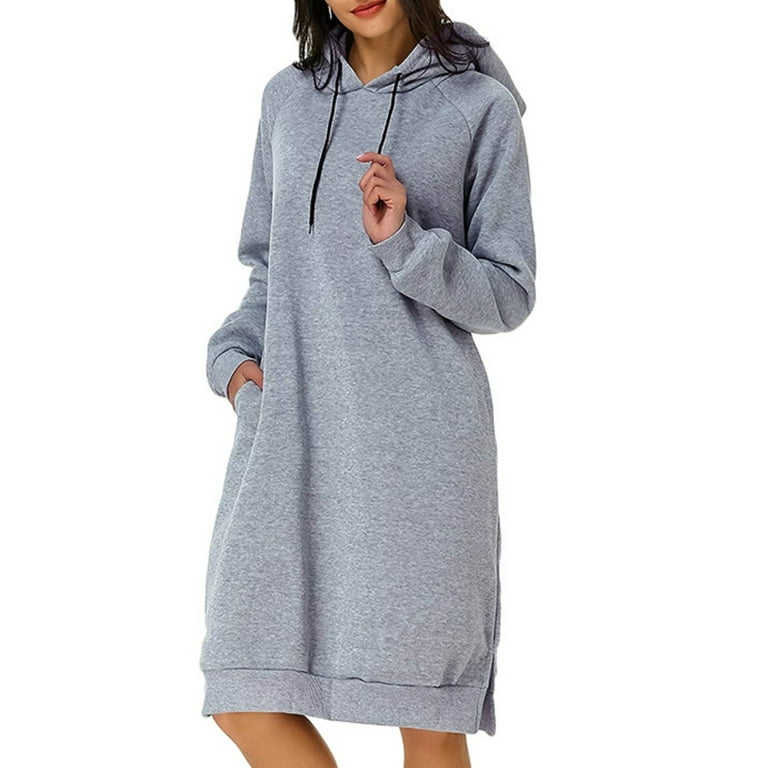Frontwalk Ladies Pullover Hoodie Pocket Sweatshirt Dress Drawstring Hooded  Dresses Cocktail Plain Solid Color Light Gray M 