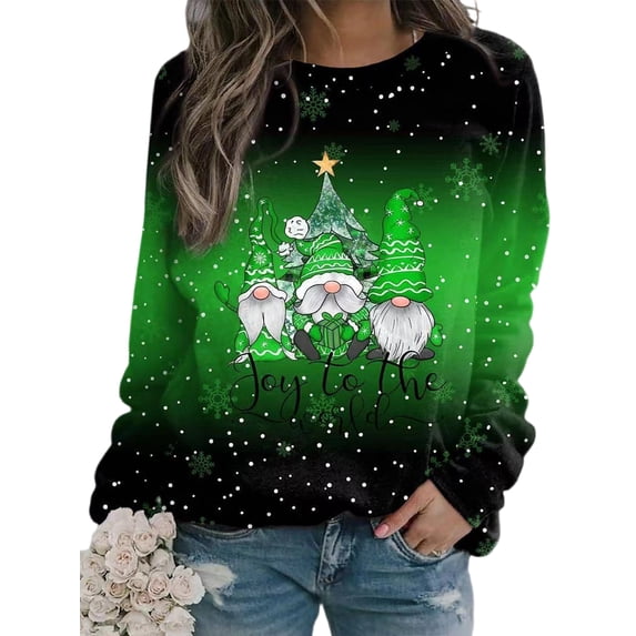 Frontwalk Ladies Pullover Santa Claus Print Christmas Sweatshirts Crew Neck Xmas Tops Women Warm Sweatshirt Long Sleeve Green XS