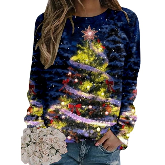 Frontwalk Ladies Pullover Tops Elk Print Christmas Sweatshirts Long Sleeve Xmas Sweatshirt Women Loose Jumper Crew Neck Lights Christmas Tree M