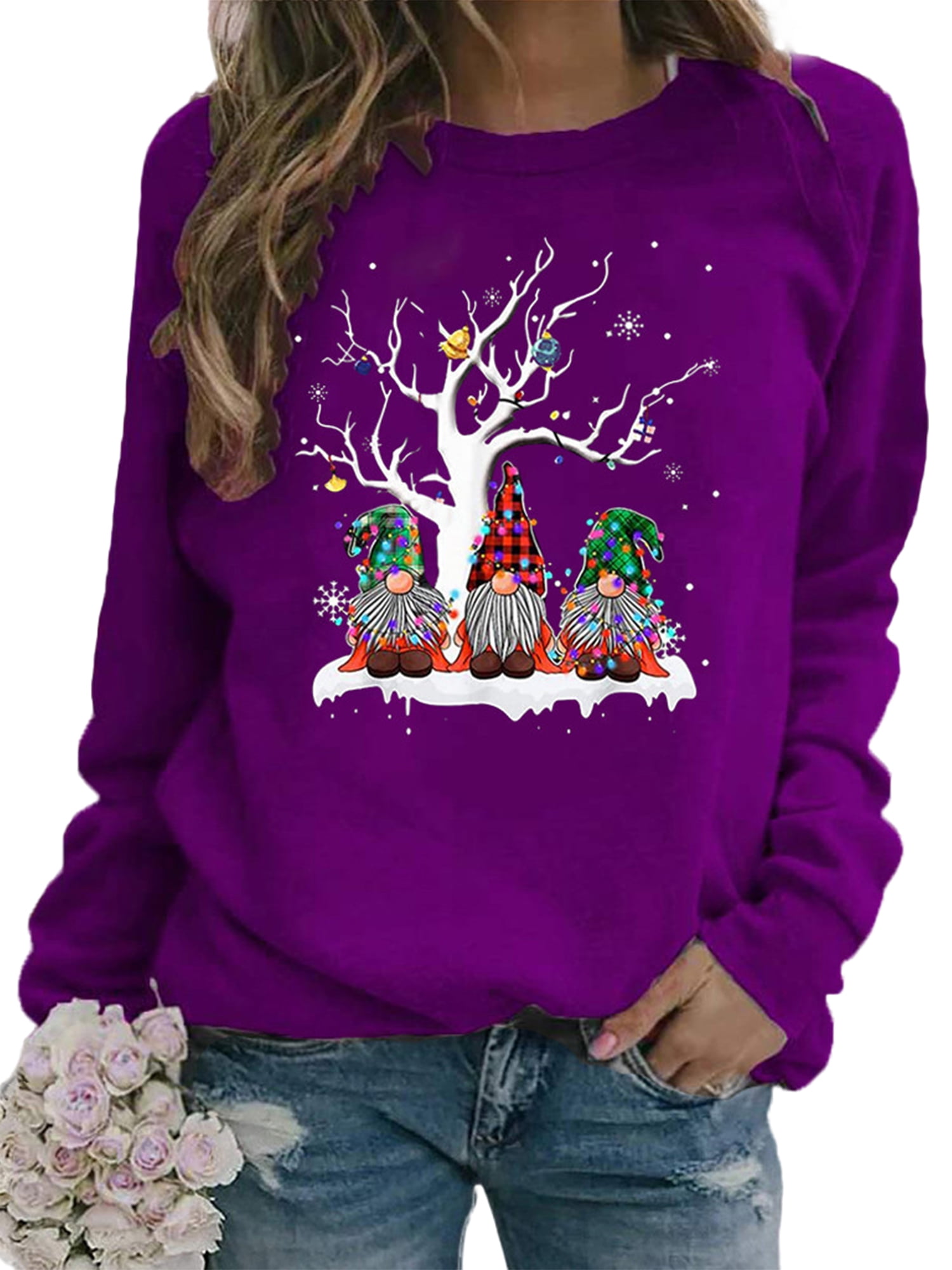 Frontwalk Ladies Pullover Tops Gnome Print Xmas Sweatshirt Crew Neck