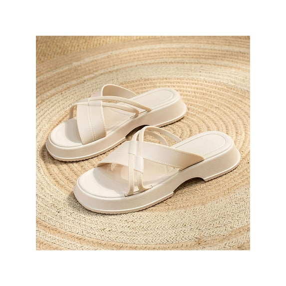 Frontwalk Ladies Sandal Backless Flat Sandals Beach Slides Summer Stylish Slippers Womens Slip On Slide Off-white 8.5-9