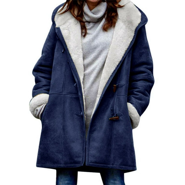 Frontwalk Ladies Shaggy Buttons Hoodies Fluffy Casual Trench Coats Women  Solid Color Winter Warm Jacket Blue 2XL 