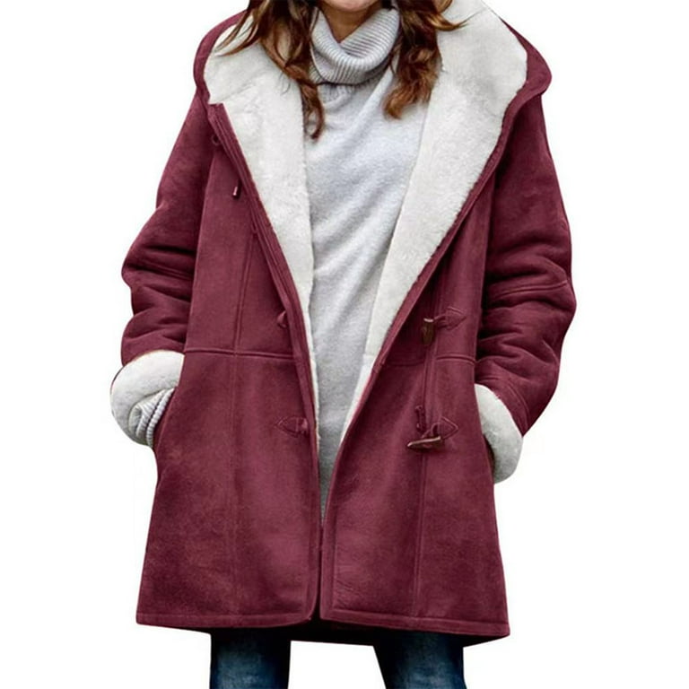 Frontwalk Ladies Shaggy Buttons Hoodies Fluffy Casual Trench Coats Women  Solid Color Winter Warm Jacket Burgundy XL 