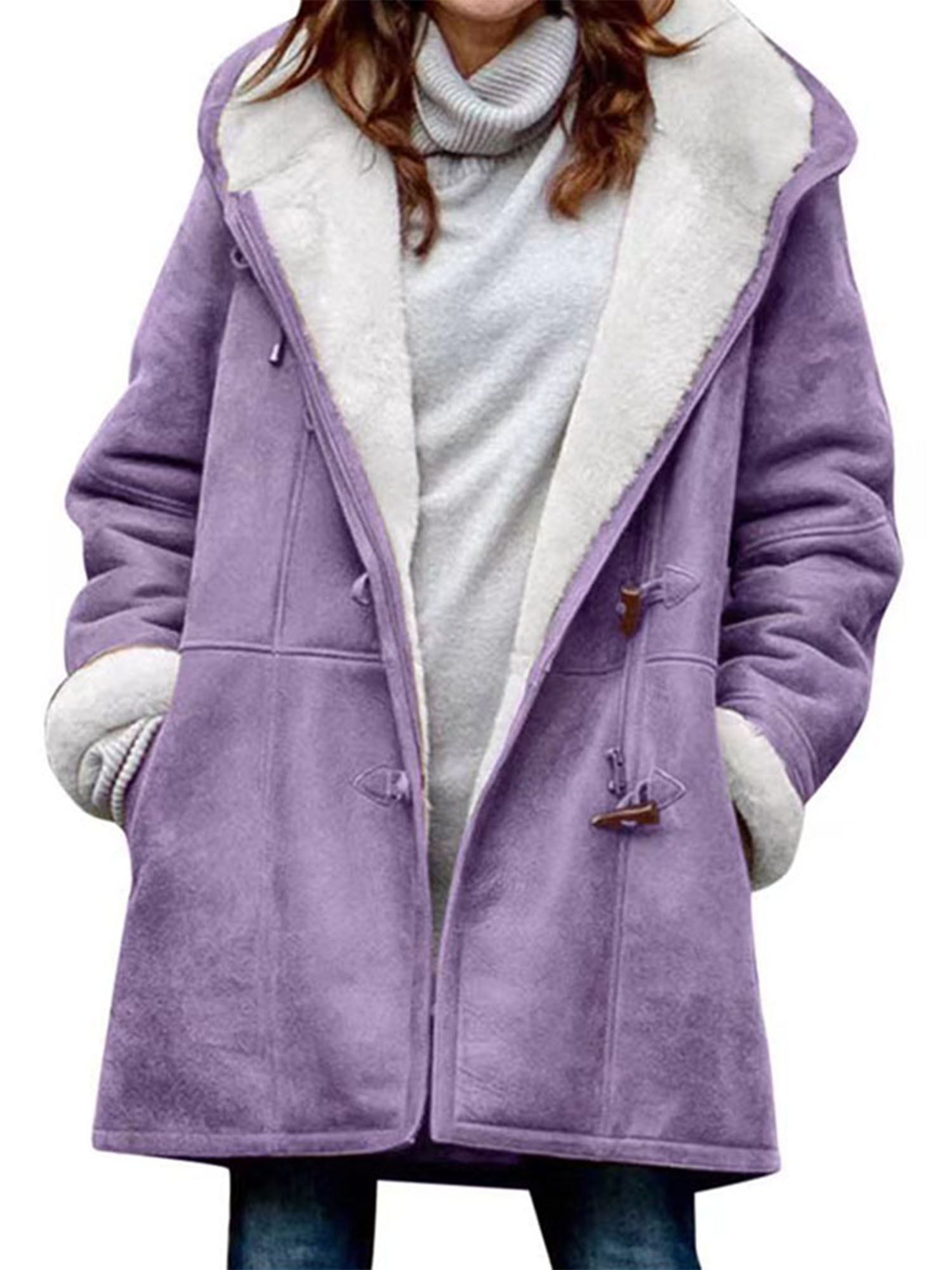 Frontwalk Ladies Shaggy Buttons Hoodies Fluffy Casual Trench Coats