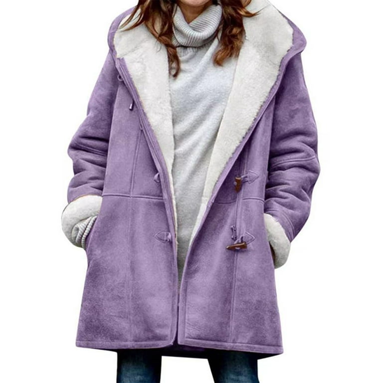 Frontwalk Ladies Shaggy Buttons Hoodies Fluffy Casual Trench Coats Women  Solid Color Winter Warm Jacket Purple 2XL 