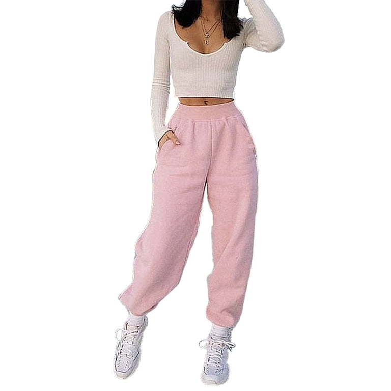 Frontwalk Ladies Sherpa Lined Trousers Solid Color Baggy Bottoms Wide Leg Home Sport Pants with Pockets Pink XL Walmart