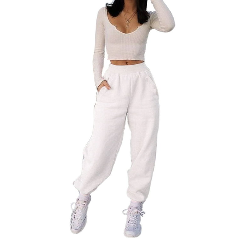 Frontwalk Ladies Sherpa Lined Trousers Solid Color Baggy Bottoms Wide Leg  Home Sport Pants with Pockets White 2XL