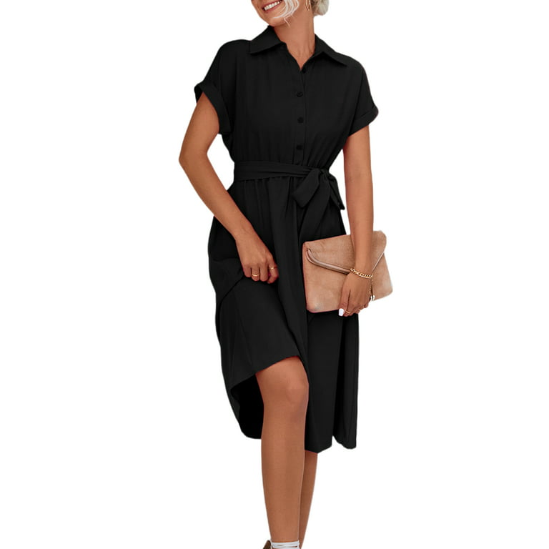 Frontwalk Ladies Shirt Dress Short Sleeve Midi Dresses Button Down Party  Formal A-Line Black L 