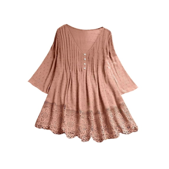 Frontwalk Ladies Shirts Short Sleeve Tops Flowy Blouse Women Casual Summer Pleated Tunic Shirt Pink 2XL