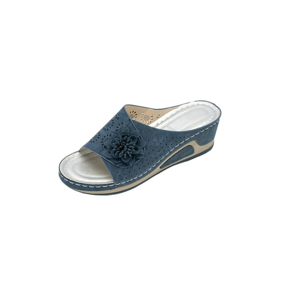 Frontwalk Ladies Slides Slip On Sandals Beach Wedge Sandal Vacations Lightweight Casual Shoes Women Open Toe Slippers Dark Blue 9
