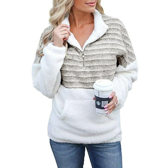 Frontwalk Ladies Soft Striped Jumper V Neck Leisure Tunic Tops Long Sleeve Fall Sweatshirt Light Coffee S