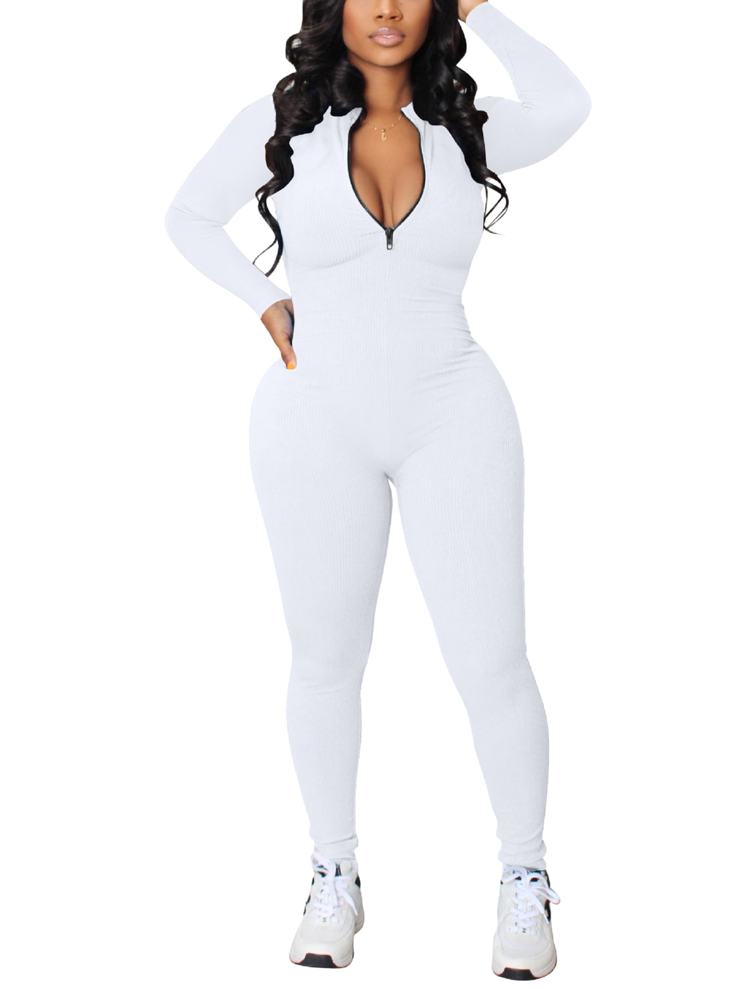 Frontwalk Ladies Stretch Plain Jumpsuits Bohemian Ribbed Long
