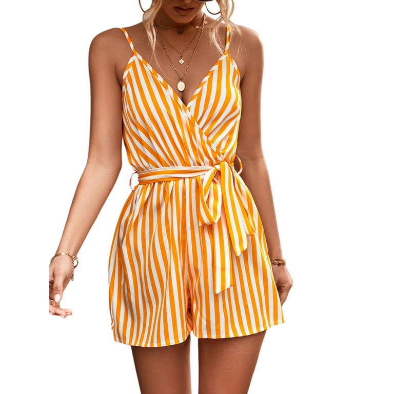 Frontwalk Ladies Striped V Neck Playsuit Straight Leg Sexy One