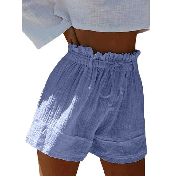 Frontwalk Ladies Summer Beach Shorts Solid Color Short Hot Pants High Waist Mini Pant Women Baggy Bottoms Wide Leg Blue M