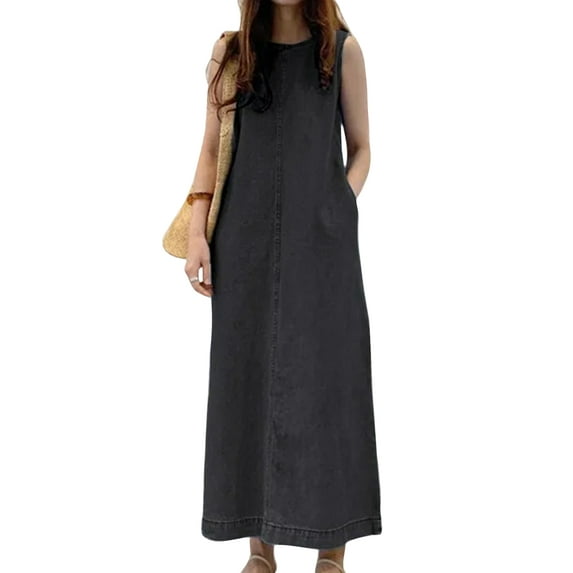 Frontwalk Ladies Summer Beach Sundress Jean Long Maxi Dresses Crew Neck Denim Tank Dress Women Bohemian Sleeveless Black 2XL