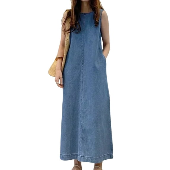 Frontwalk Ladies Summer Beach Sundress Jean Long Maxi Dresses Crew Neck Denim Tank Dress Women Bohemian Sleeveless Blue 4XL