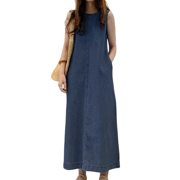 Frontwalk Ladies Summer Beach Sundress Jean Long Maxi Dresses Crew Neck Denim Tank Dress Women Bohemian Sleeveless Navy Blue 3XL