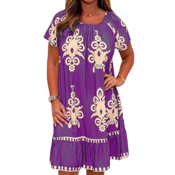 Frontwalk Ladies Summer Midi Dress Crew Neck Swing Dresses Boho Sundress Womens Fashion Short Sleeves Nightdress Hibiscus Purple XL