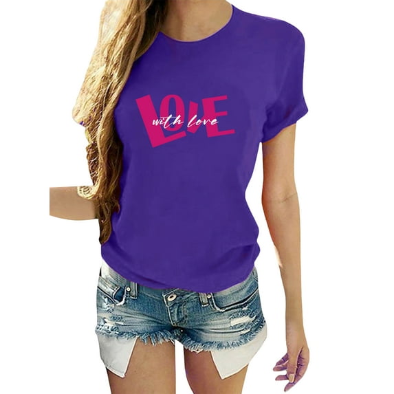 Frontwalk Ladies Summer Tops Short Sleeve T-shirt Fashionable Print T Shirt Women Breathable Tee Round Neck Tunic Purple L