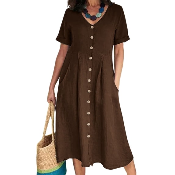 Frontwalk Ladies Sundress Plus Size Cotton Linen Dress Short Sleeve Summer Women Plain V Neck Dark Brown 3XL