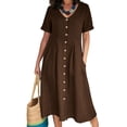 thumbnail image 1 of Frontwalk Ladies Sundress Plus Size Cotton Linen Dress Short Sleeve Summer Women Plain V Neck Dark Brown L, 1 of 2