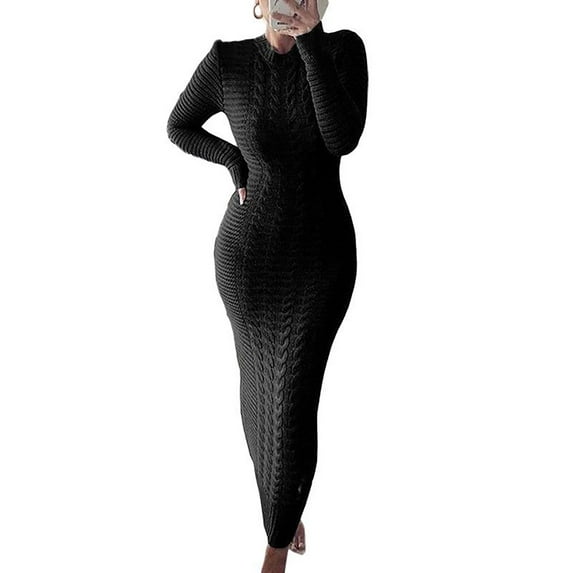 Frontwalk Ladies Sweater Dress Solid Color Maxi Dresses Crew Neck Pullover Jumper Warm Casual Long Sleeve Black S