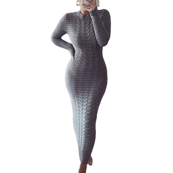 Frontwalk Ladies Sweater Dress Solid Color Maxi Dresses Crew Neck Pullover Jumper Warm Casual Long Sleeve Gray L