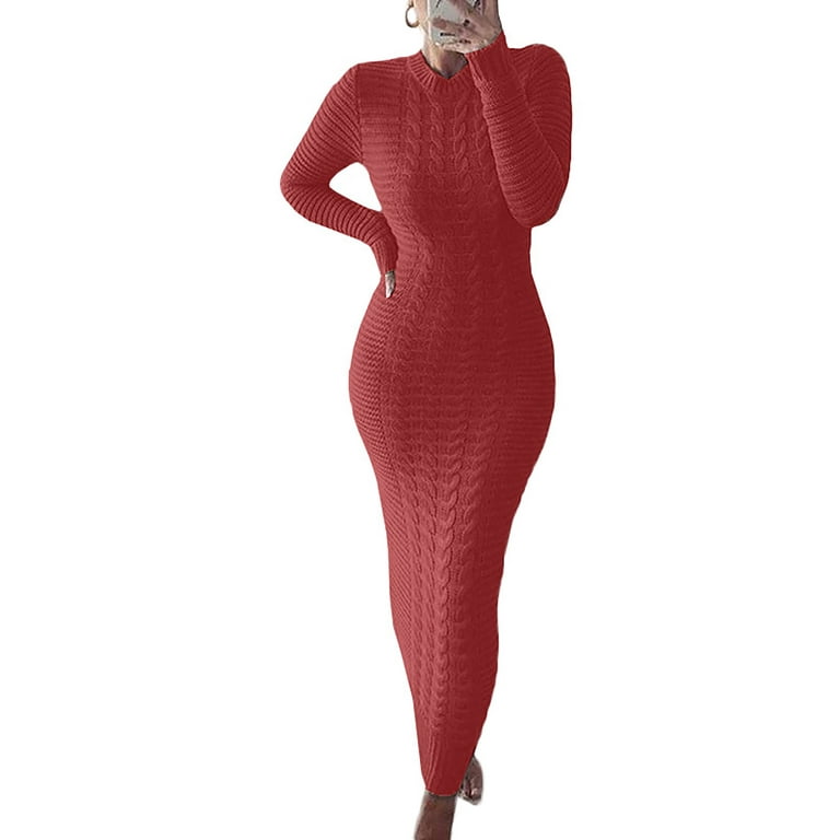 Frontwalk Ladies Sweater Dress Solid Color Maxi Dresses Crew Neck Pullover  Jumper Warm Casual Long Sleeve Watermelon Red XL 