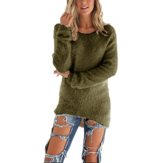 Frontwalk Ladies Sweater Winter Warm Pullover Long Sleeve Jumper Tops Work Cozy Sweaters Solid Color Army Green 3XL