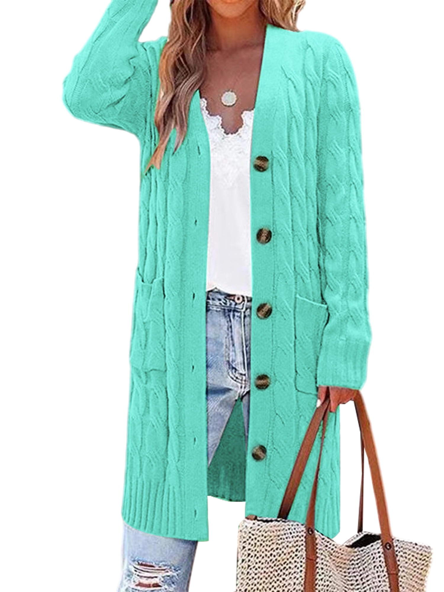 Frontwalk Ladies Sweaters Open Front Cardigans Button Up Cardigan Sweater Women Warm Jacket Long