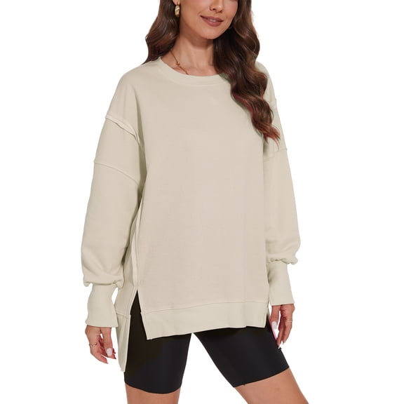 Frontwalk Ladies Sweatshirt Crew Neck Pullover Tops Side Slit Sweatshirts Women Loose Long Sleeve Apricot L