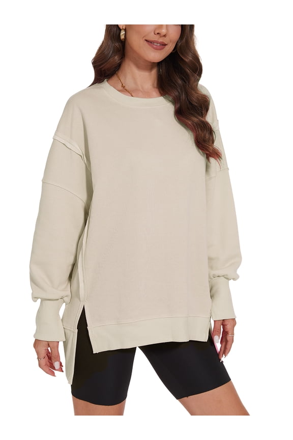 Ladies Sweatshirt Crew Neck Pullover Tops Side Slit Sweatshirts Women Loose Long Sleeve Apricot M