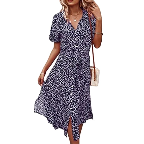 Frontwalk Ladies Swing Dresses V Neck Sundress Short Sleeve Summer Midi Dress Women Loose Lace Up Navy Blue XL