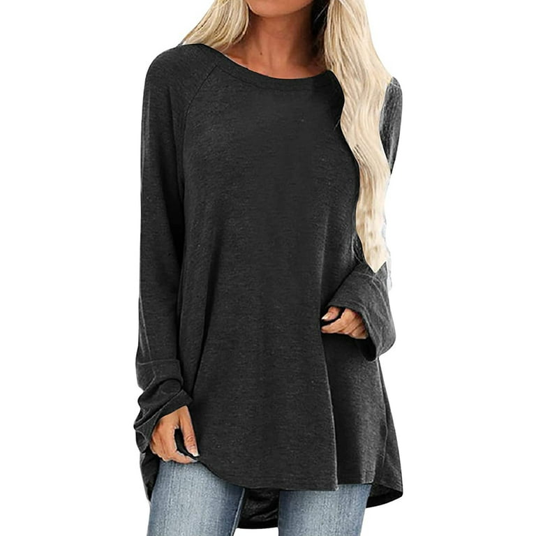 Frontwalk Ladies T Shirt Crew Neck T-shirt Long Sleeve Tee Dailywear Casual  Tunic Blouse Solid Color Tops Black 5XL 