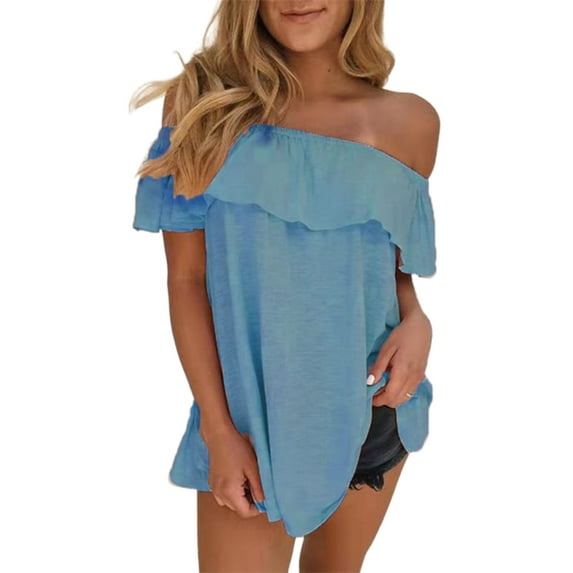 Frontwalk Ladies T Shirt Short Sleeve T-shirt Solid Color Summer Tops Dailywear Soft Pullover Off Shoulder Tee Blue 4XL