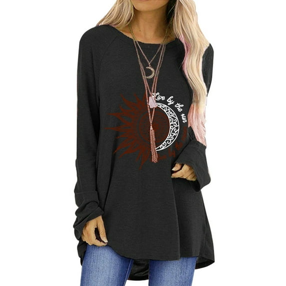 Frontwalk Ladies Tee Printed T-shirt Crew Neck T Shirt Work Loose Pullover Long Sleeve Tunic Blouse Black 3XL