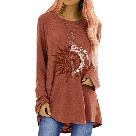 Frontwalk Ladies Tee Printed T-shirt Crew Neck T Shirt Work Loose Pullover Long Sleeve Tunic Blouse Brown S