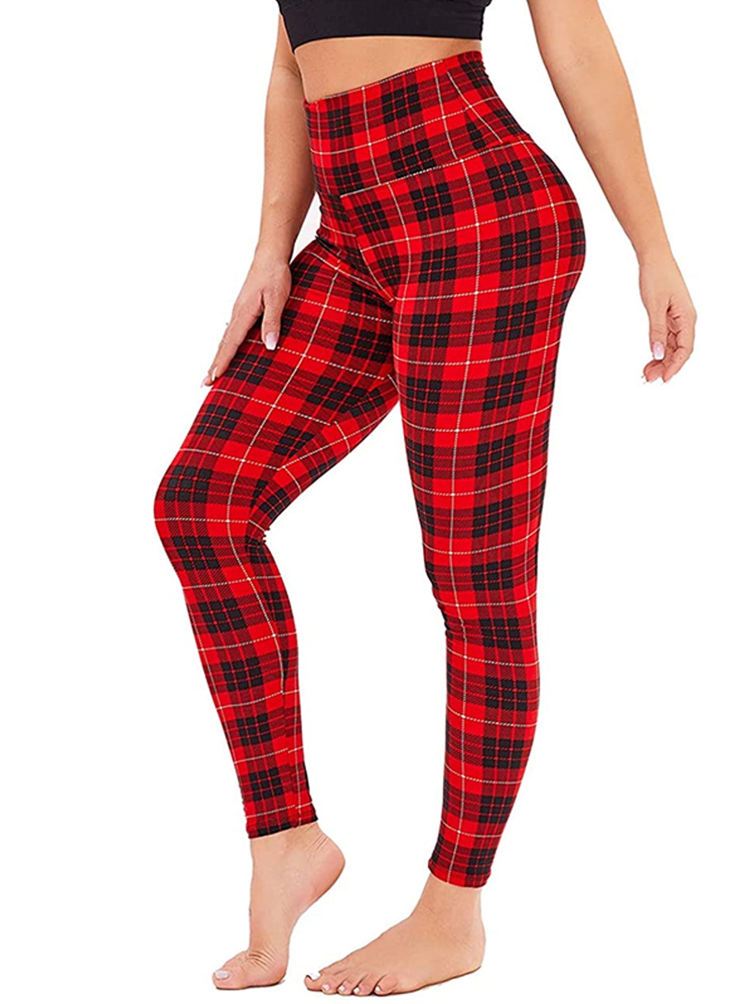 Frontwalk Ladies Tight High Waist Yoga Leggings Plaid Printed Stretchy Tights  Women Color Stitching Jogging Pants 