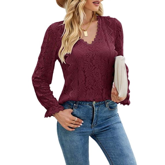 Frontwalk Ladies Tops Floral Lace Shirts Long Sleeve Tunic Blouse Women Casual T Shirt V Neck Claret XL
